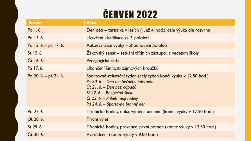 Přehled termínů: ČERVEN 2022